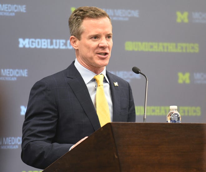 Dusty May is introduced as the new head basketball coach at the University of Michigan in Ann Arbor, Mich. on Mar. 26, 2024.