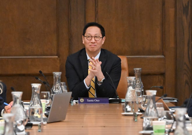 University of Michigan President Santo Ono during a university regents meeting at the Alexander Ruthann building in Ann Arbor, Michigan on March 28, 2024.