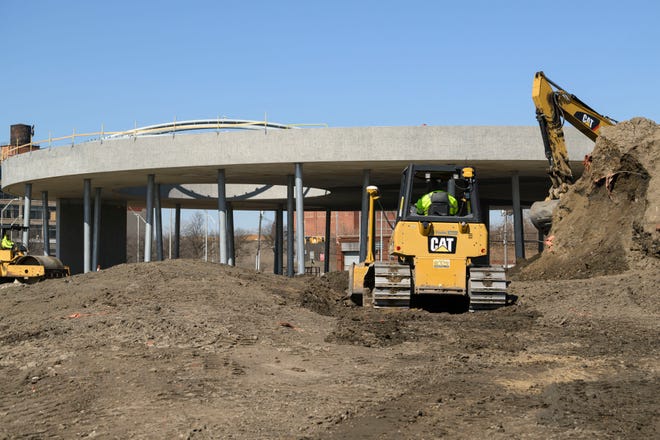 Construction continues on front of the basketball pavilion at what will become Ralph C. Wilson, Jr. Centennial Park, in Detroit, March 28, 2024.