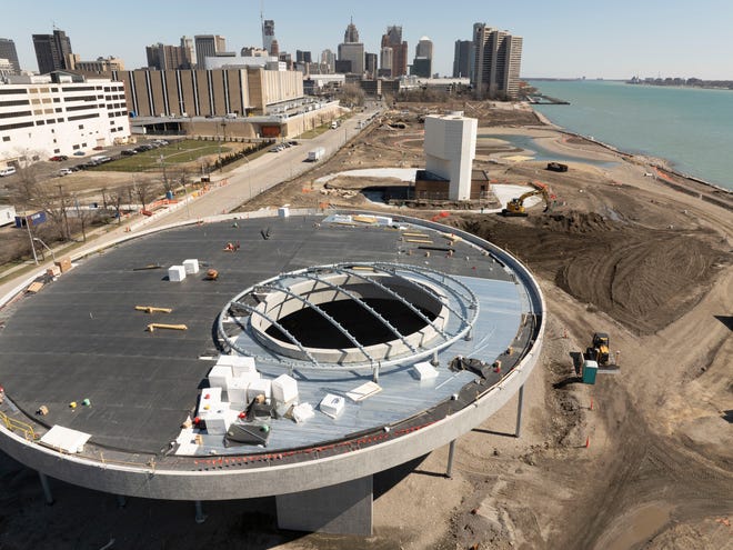 The William Davidson Sport House and basketball pavilion at what will become Ralph C. Wilson, Jr. Centennial Park, in Detroit, March 28, 2024.
