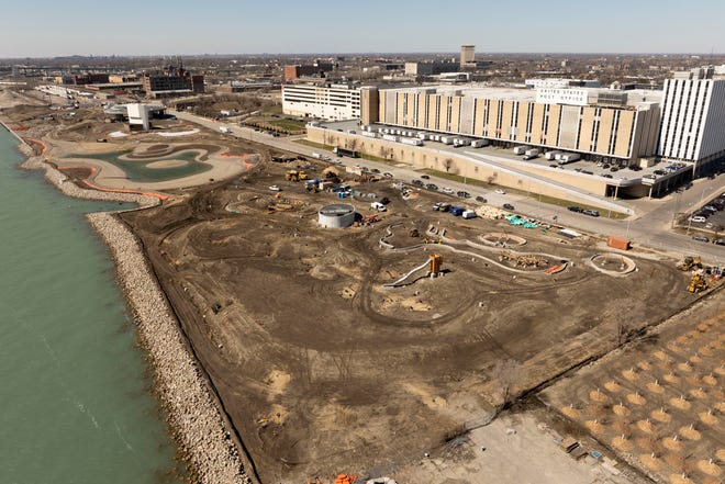 Construction continues at what will become Ralph C. Wilson, Jr. Centennial Park, in Detroit, March 28, 2024.