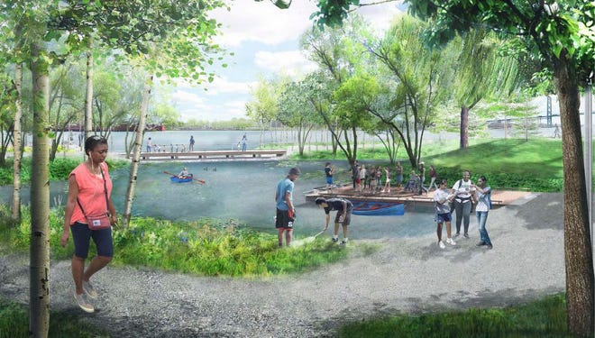 A rendering of the Huron-Clinton Metroparks water garden at Ralph C. Wilson, Jr. Centennial Park, in Detroit, March 28, 2024.