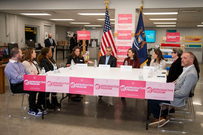 Governor Gretchen Whitmer, center right, and United States Secretary of Health and Human Services Xavier Becerra, center left, take part in a roundtable discussion on reproductive freedom on Thursday, March 28, 2024 at the Hawk Community Center in Farmington Hills.