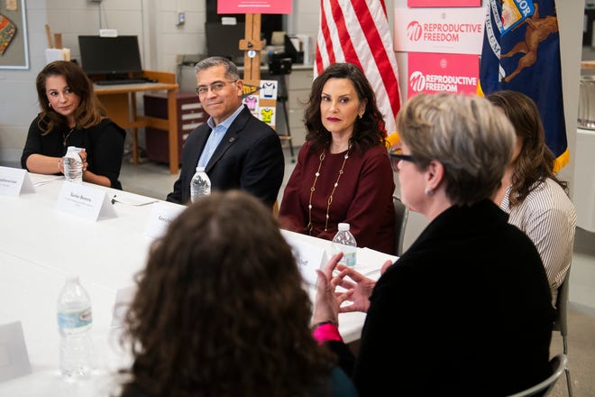 From left, Dr. Natasha Bagdasarian, United States Secretary of Health and Human Services Xavier Becerra and Governor Gretchen Whitmer listen as Stephanie Jones speaks during a roundtable discussion on reproductive freedom on Thursday, March 28, 2024 at the Hawk Community Center in Farmington Hills.