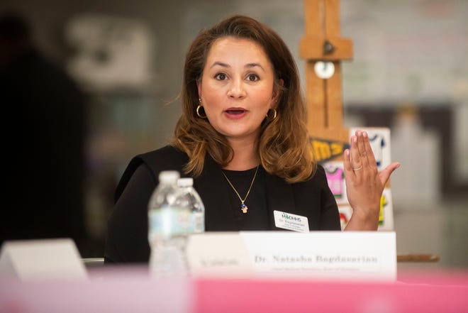 Dr. Natasha Bagdasarian kicks off a roundtable discussion on reproductive freedom with Governor Gretchen Whitmer and United States Secretary of Health and Human Services Xavier Becerra, among others, on Thursday, March 28, 2024 at the Hawk Community Center in Farmington Hills.