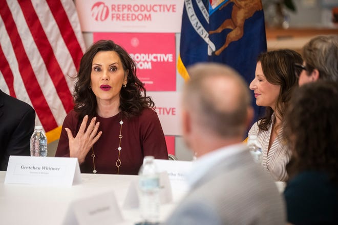 Governor Gretchen Whitmer takes part in a roundtable discussion on reproductive freedom on Thursday, March 28, 2024 at the Hawk Community Center in Farmington Hills.