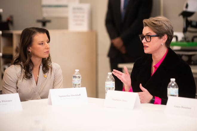 State Rep. Samantha Steckloff, D-Farmington Hills, left, listens as Stephanie Jones, right, speaks about her experiences with IVF during a roundtable discussion on reproductive freedom on Thursday, March 28, 2024 at the Hawk Community Center in Farmington Hills.