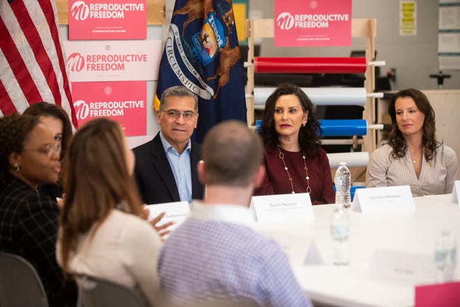 United States Secretary of Health and Human Services Xavier Becerra, left, Governor Gretchen Whitmer, center, and State Rep. Samantha Steckloff, D-Farmington Hills, right, listen as Dr. LeAnn Lewis speaks during a roundtable discussion on reproductive freedom on Thursday, March 28, 2024 at the Hawk Community Center in Farmington Hills.