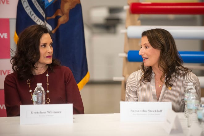 Governor Gretchen Whitmer, left, and State Rep. Samantha Steckloff, D-Farmington Hills, right, take part in a roundtable discussion on reproductive freedom on Thursday, March 28, 2024 at the Hawk Community Center in Farmington Hills.