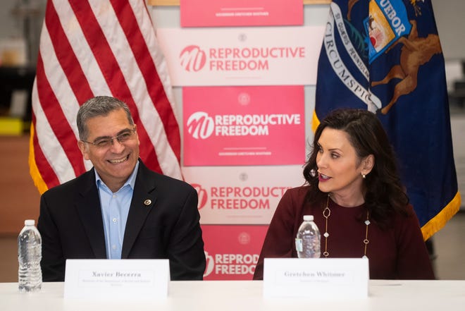 Governor Gretchen Whitmer, right, and United States Secretary of Health and Human Services Xavier Becerra, left, are seated before taking part in a roundtable discussion on reproductive freedom on Thursday, March 28, 2024 at the Hawk Community Center in Farmington Hills.