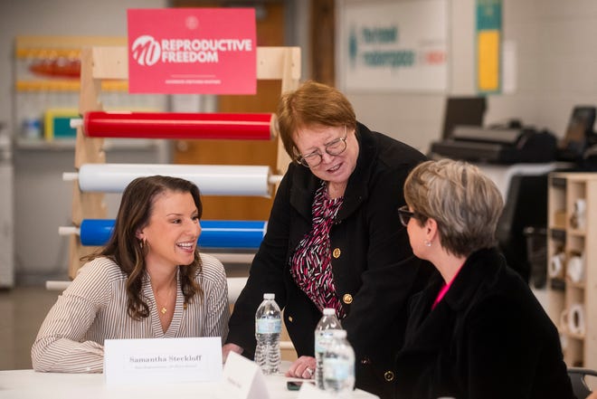 State Rep. Samantha Steckloff, D-Farmington Hills, left, chats with her mother, former State Rep. Vicki Barnett, center, and Stephanie Jones, right, before participating in a round table discussion on reproductive rights with Governor Gretchen Whitmer and United States Secretary of Health and Human Services Xavier Becerra, among others, on Thursday, March 28, 2024 at the Hawk Community Center in Farmington Hills.