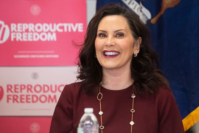 Governor Gretchen Whitmer is seated before taking part in a roundtable discussion on reproductive freedom on Thursday, March 28, 2024 at the Hawk Community Center in Farmington Hills.