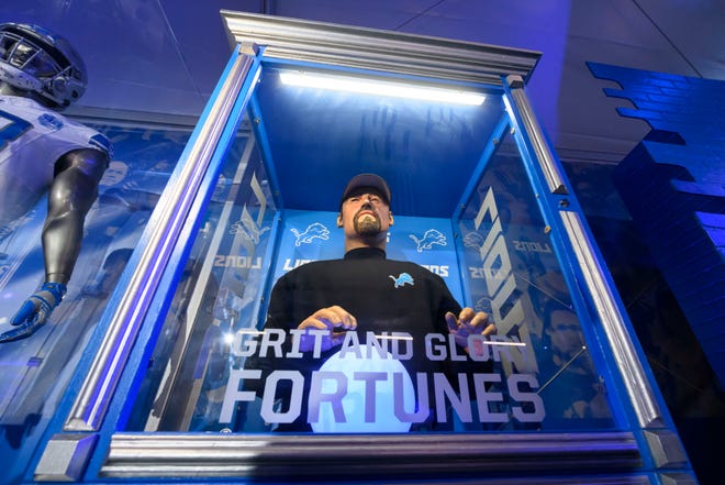 A Dan Campbell fortune telling machine is one of the many activities inside the Detroit Lions Fan Experience Activation at the NFL Draft experience, at Hart Plaza, in Detroit, April 24, 2024.