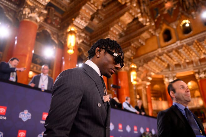 LSU wide receiver Malik Nabers participates in the NFL Draft red carpet arrival, at the Fox Theatre, in Detroit, April 25, 2024.