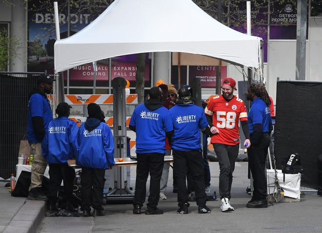 A security checkpoint along Woodward Avenue during the 2024 NFL Draft in Detroit.