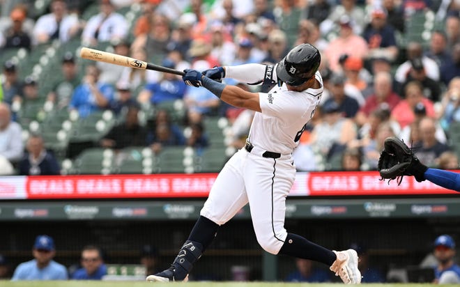 Tigers’ Wenceel Perez hits his first career home run, a two-run home run, in the first inning.