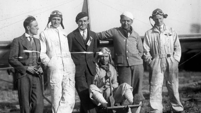 Participants in a glider exhibition in Lake Orion on Oct. 10, 1929, from left: Kenneth Pollard; Frank Blunk; William J. Scripps, son of The Detroit News publisher William E. Scripps; Elmer Westerlund, G.J. Paulus and Oscar Kuhn.