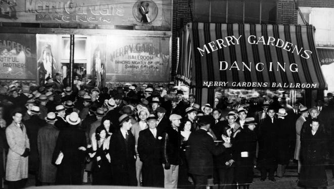 A crowd gathers in front of the Merry Gardens Ballroom in this undated photo.