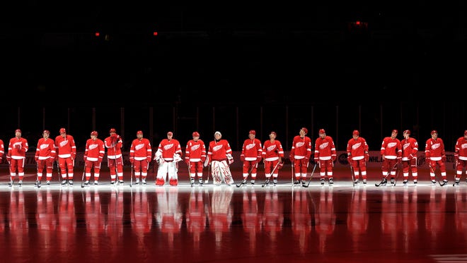 The Detroit Red Wings are introduced before the start of the home opener against the Chicago Blackhawks at Joe Louis Arena, October 8, 2009.
