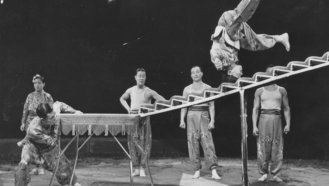 Circus acrobats perform in a 1938 Detroit show.