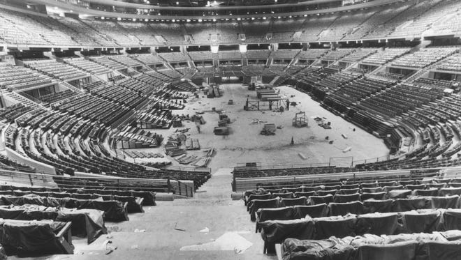Construction is under way at The Palace of Auburn Hills on August 4, 1988.  The $90 million arena funded by Bill Davidson was the first in the NBA financed entirely with private funds.