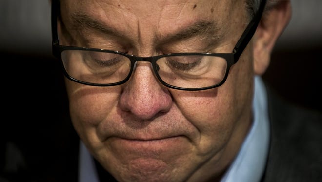 Michigan State athletic director Mark Hollis tearfully announces his retirement Friday.  Hollis is the second university official to step down in as many days amid sharp criticism over the school's handling of sexual abuse allegations against disgraced sports doctor Larry Nassar.