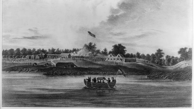 In 1827 the United States signed treaties with several native American tribes, with Lewis Cass representing the U.S. as a commissioner. This scene commemorates the treaty signing with the Chippewas at Butte des Morts, Wisconsin, showing Cass and Col. Thomas L. McKenney arriving by boat. The scene was  painted on the spot by J.O. Lewis, a Philadelphia artist known for his portraits of Native Americans.