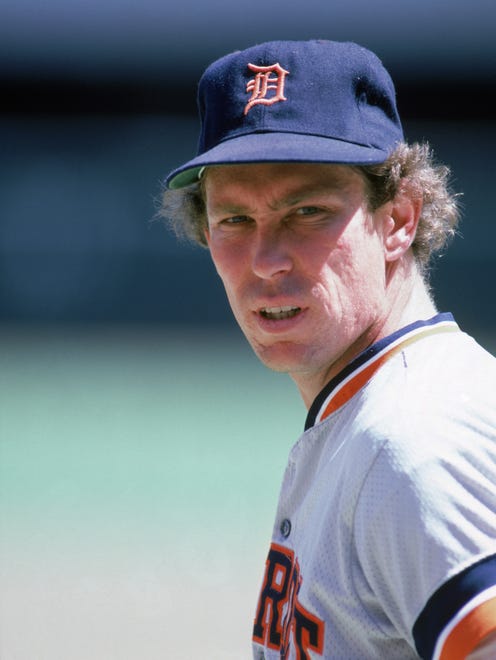 Alan Trammell looks on during a game in the 1986 season against the California Angels at Anaheim Stadium in Anaheim, California.