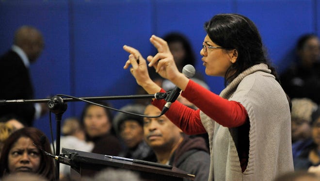 Michigan Rep. Rashida Tlaib speaks during a Detroit City Council committee of the whole public hearing.