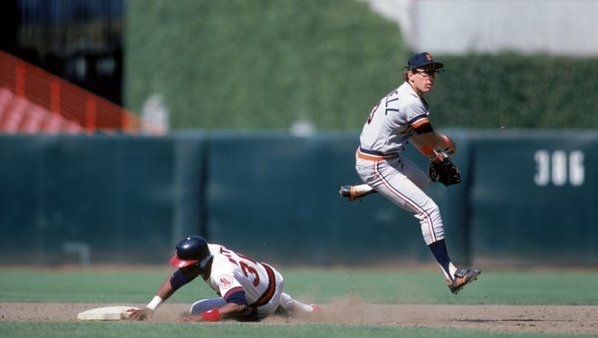 Alan Trammell  throws to first base during a game in the 1986 season against the California Angels at Anaheim Stadium in Anaheim, California.