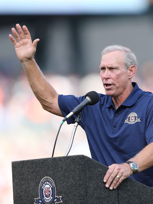 Former Detroit Tigers player Alan Trammell speaks to the fans during the celebration of the 30th Anniversary of the 1984 World Series Championship team prior to the game against the Oakland Athletics at Comerica Park on June 30, 2014 in Detroit, Michigan.