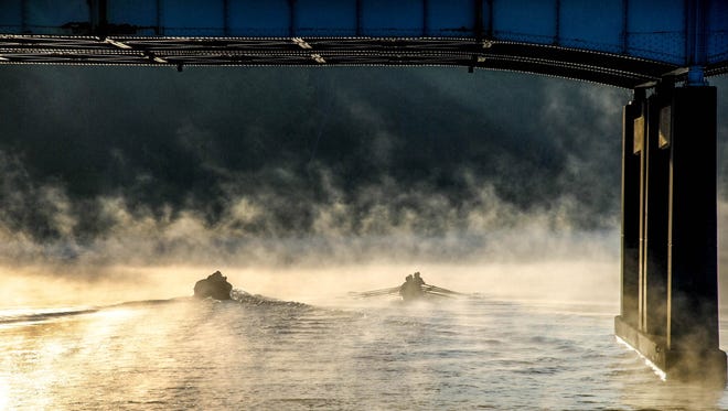 Megan Stoltze of Brighton was looking for sunrise photos when she spotted a University of Michigan rowing team practicing on the Huron River. "I was thankful to get a quality shot of them moving swiftly among the fog," she said. "The dense fog made for a dramatic, yet peaceful picture."