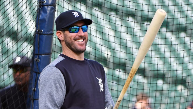 Tigers pitcher Justin Verlander takes batting practice before the game in preparation for his upcoming start in Arizona. Photos taken at Comerica Park in Detroit on May 3, 2017.