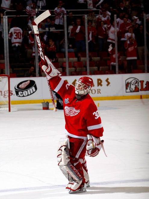 Detroit goalie Chris Osgood was named the number one star of the game after a win against the Pittsburgh Penguins during game one of the Stanley Cup Finals at Joe Louis Arena, May 24, 2008.