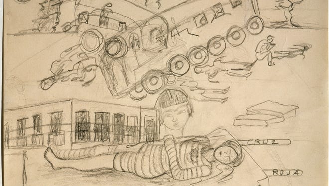 One of the original drawings on loan from Juan Rafael Coronel Rivera ' s collection is called " The Accident. " Drawn in 1926, the pencil on paper drawing depicts the accident that changed the course of Frida ' s life.