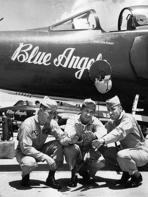 Navy aviators the Blue Angels pose with their planes in August, 1960.