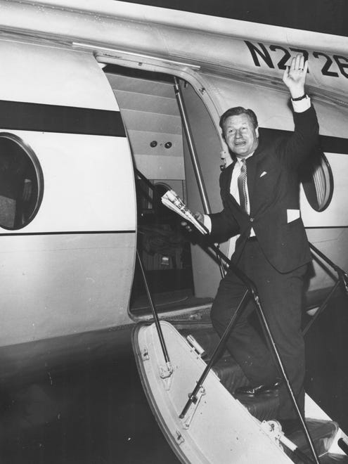 Nelson Rockefeller boards a plane in Detroit on April 6, 1974. This would have been after he served as governor and before he was nominated by President Gerald Ford to serve as his vice president.