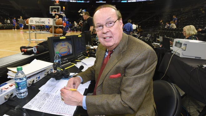 George Blaha, television analyst on Fox Sports, takes his usual spot on the side of the court before a Pistons game on February 6, 2017.