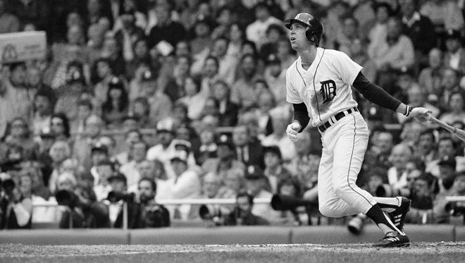 Alan Trammell puts the Detroit Tigers on the scoreboard with a two-run homer in the first inning of World Series game four against San Diego Padres at Tiger Stadium Saturday, Oct. 13, 1984 in Detroit.