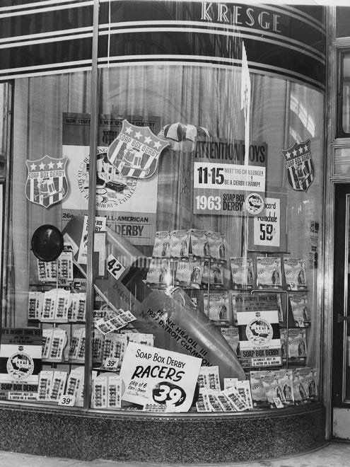 A Soap Box Derby window display  at Kresge's on Woodward and State in Detroit, 1963.