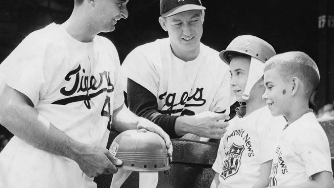 Detroit Tigers Charlie Maxwell and Al Kaline greet Soap Box Derby champions Larry and Bobby Horvath in 1960.