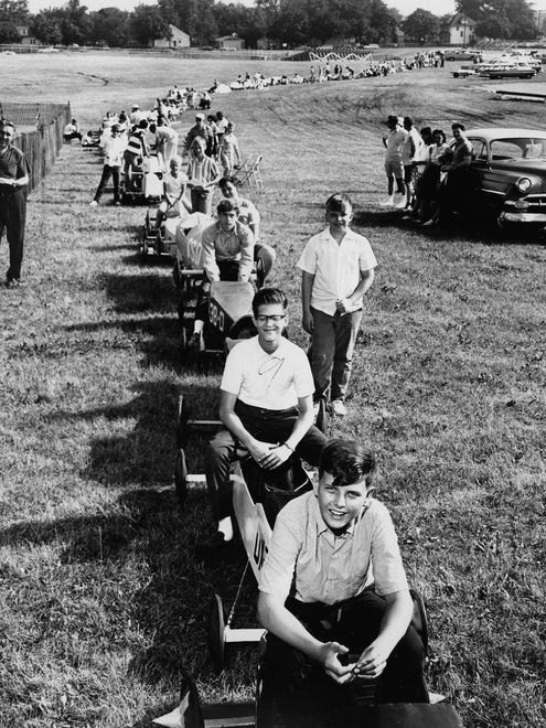 Contestants line up to have their cars inspected at the 1966 Soap Box Derby.