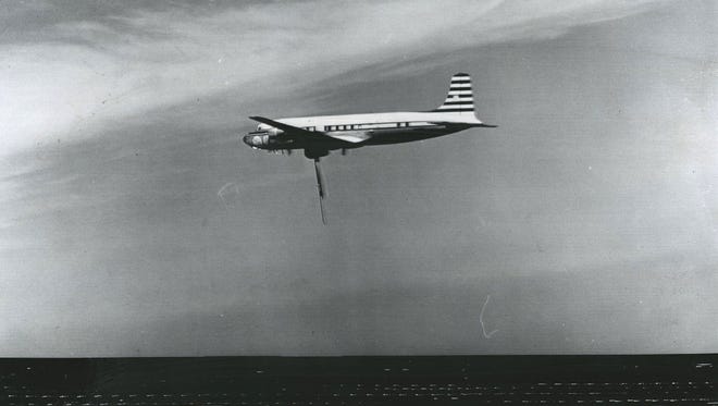 Outfitted as an airborne television station, this DC-6 began broadcasting school courses in 1961 to a potential audience of 7 million in parts of Indiana, Wisconsin, Illinois, Ohio, Kentucky and Michigan, including Detroit. The plane, taking off from Lafayette, Ind., flew at 23,000 feet.