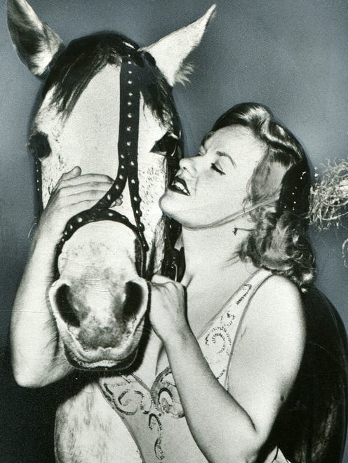 Kay Frances Hanneford, seen here in 1963, was part of a renowned European equestrian family act. The Hannefords settled in Detroit and performed in the Shrine Circus.