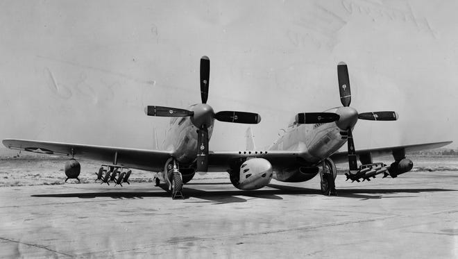 An Army F82 Twin Mustang fighter plane, possibly photographed at Selfridge Air Base,  is seen on Nov. 23, 1945. It did not serve in World War II, but saw extensive action in the Korean War.