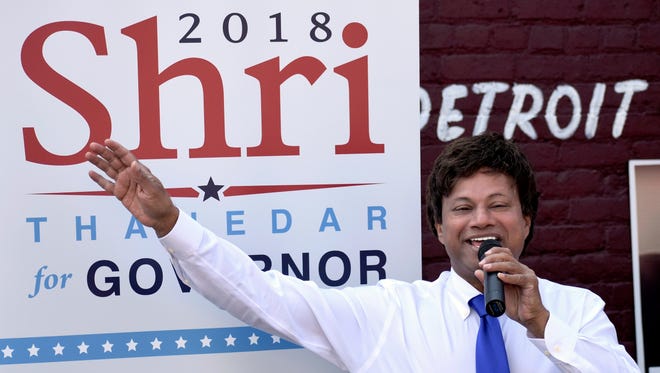 Democratic gubernatorial candidate Shri Thanedar talks about his plan for Michigan -- among them, lowering auto insurance costs and helping the children of Flint -- in Detroit Saturday.
