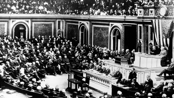 President Woodrow Wilson delivers a declaration of war to a joint session of Congress, April 2, 1917.