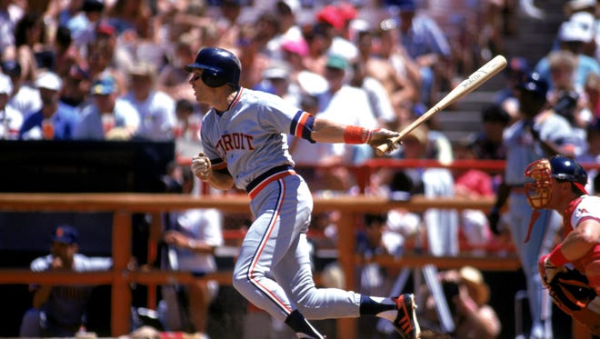 Alan Trammell  bats during a game in the 1990 season against the California Angels at Anaheim Stadium in Anaheim, California.