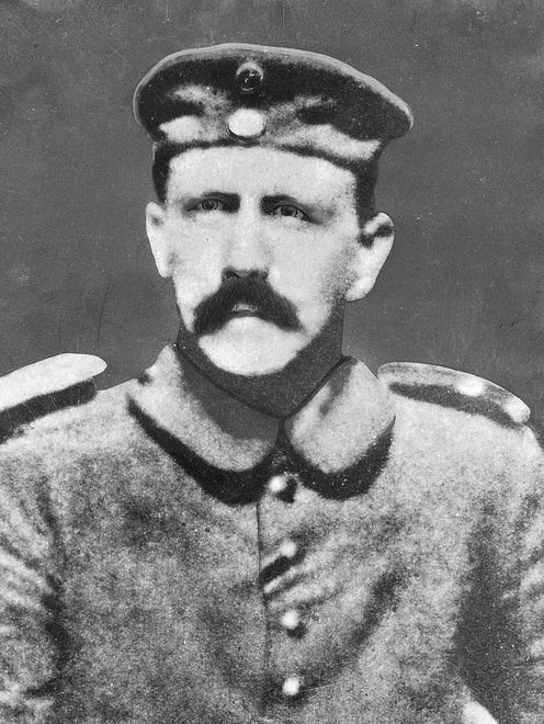 A 1916 photo of Cpl. Adolf Hitler of the German army. Hitler was an Austrian subject, but he asked for permission to serve in the Bavarian Army in August 1914. While he was serving in the army, he began to put forth his German nationalist ideas. After Germany's defeat, he later formed the National Socialist Party, and led the world into another war.