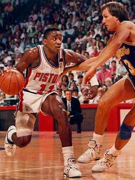 Isiah Thomas streaks down the court in 1989, the year the  Pistons won their first NBA championship season.